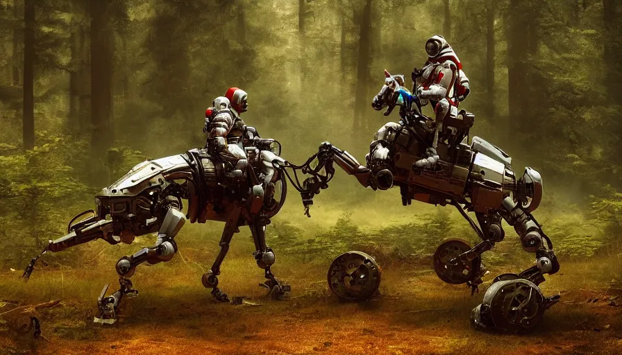 Image similar to american astronaut in the forest riding a mechanical robot horse, objects well lit, plants environment, wide angle, cinematic lighting, atmospheric, realistic, octane render, highly detailed, color graded, in the style of craig mullins