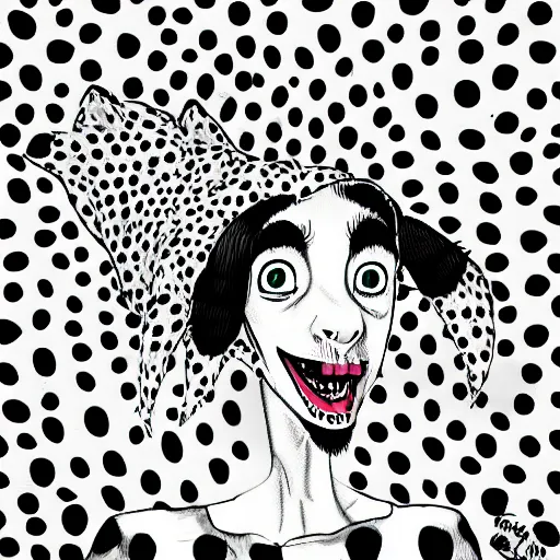 Prompt: black spotted grey dog wearing cool clothes, style of caricature and Junji Ito, 4k, Deviantart