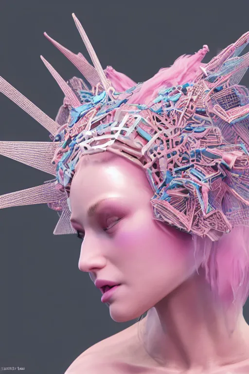 Image similar to epic 3 d sculpture of trans model, mesh headdress, 2 0 mm, with pastel pink and cerulean hextech bursting, perlin noise melting into mogwai, delicate, beautiful, intricate, houdini sidefx, trending on artstation, by jeremy mann and ilya kuvshinov, jamie hewlett and ayami kojima