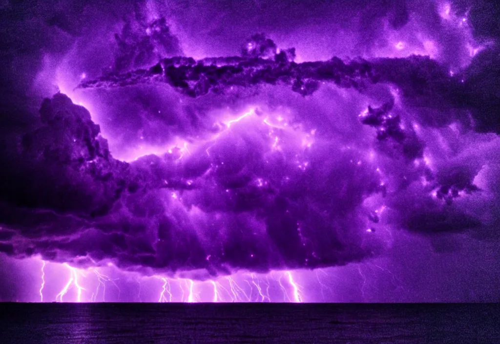 Prompt: purple color lighting storm with stormy sea, pirate ship firing its cannons trippy nebula sky with dramatic clouds 50mm shot fear and loathing movie