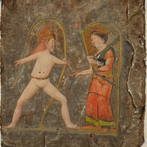 Prompt: a scan of an ancient piece of art on parchment depicting kids playing with super soakers