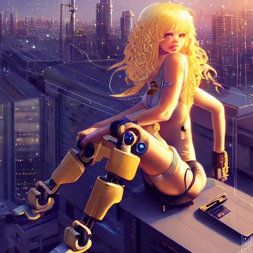 Image similar to beautiful cyborg - angel girl sitting on rooftop overlooking a floating city, long curly blonde hair, golden watery eyes, full round face, big smile, biomechanical details, digital cyberpunk anime art, full body shot, reflections, lens flare, rainfall, wlop, ilya kuvshinov, artgerm, krenz cushart, greg rutkowski