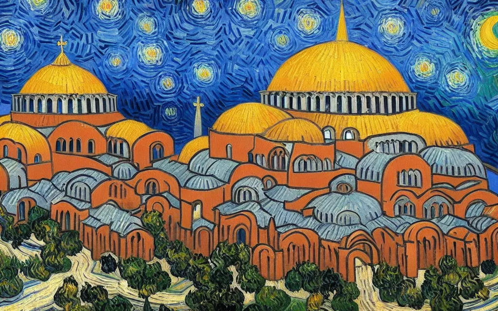 Image similar to detailed expressionist oil painting by van gogh of the hagia sophia church of constantinople, beautiful byzantine architecture, landscape painting, expressionism, 8 k resolution, smooth, sharp focus, matte painting, dramatic lighting, small bushstrokes