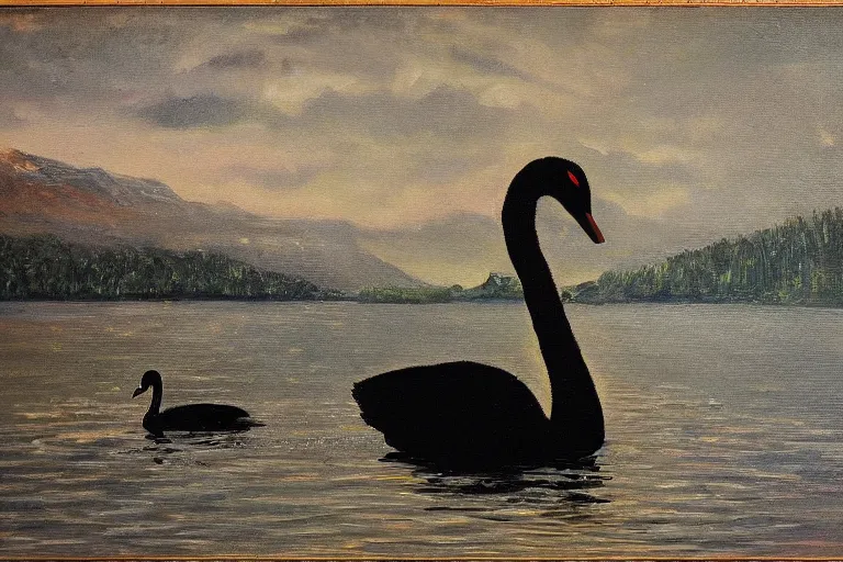 Image similar to oil painting, long view, black swan in the middle of the lake, neodada