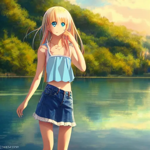 Image similar to a very beautiful anime girl, full body, long golden hair, sky blue eyes, full round face, short smile, mini jeans skirt, cute top, lake summer setting, cinematic lighting, medium shot, mid-shot, highly detailed, trending on Artstation, Unreal Engine 4k, cinematic wallpaper by Stanley Artgerm Lau, WLOP, Rossdraws, James Jean, Andrei Riabovitchev, Marc Simonetti, and Sakimichan