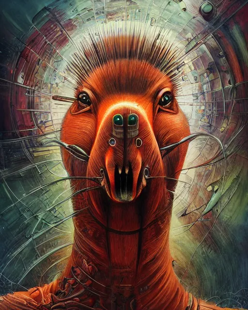 Image similar to bloody cyborg capybara, by antonio j. manzanedo, giger, alex grey, android jones, wayne barlowe, philippe druillet, raymond swanland, cyril rolando, josephine wall, harumi hironaka, trending on artstation