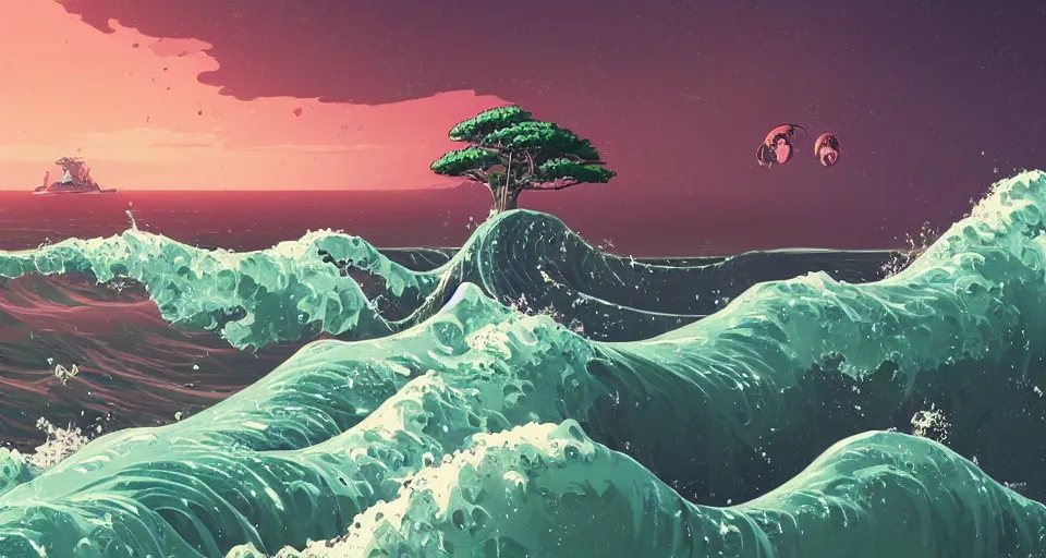 Prompt: A very beautiful serene coastal landscape scene with a GIANT MECHA JELLYFISH looming in the distance, bright sunny, the great wave of kanagawa, waves splashing on the beach, Hokusai, Translucent rendered by simon stålenhag, rendered by Beeple, Makoto Shinkai, syd meade, environment concept, digital art, starwars, unreal engine, 3 point perspective, WLOP, trending on artstation, low level, 4K UHD image, octane render,