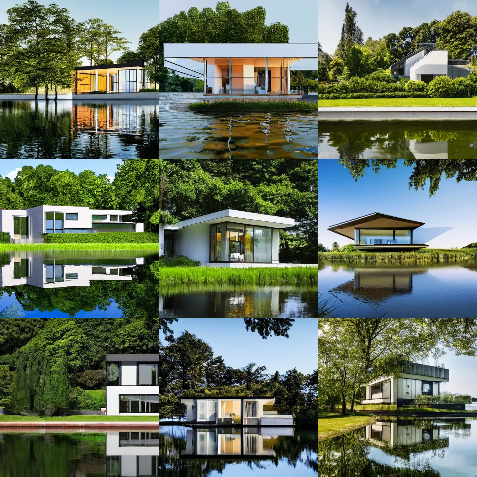 Prompt: architectural digest photo, wide angle, frontal view of house, bauhaus style house by a lake, summer, single floor, flat roof, patio, lush vegetation trees bushes, secluded, calm serene relaxed, small dock, rowing boat, bushes, reflection in water, ultra realistic 8 k