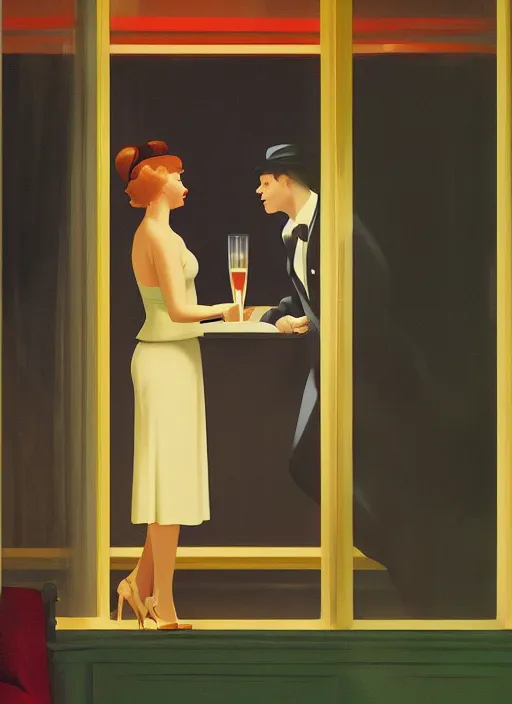 Image similar to a couple drinking champagne, romantic vintage style poster by Edward Hopper and James Gilleard, 8k, octane render, ultra sharp, detailed digital art