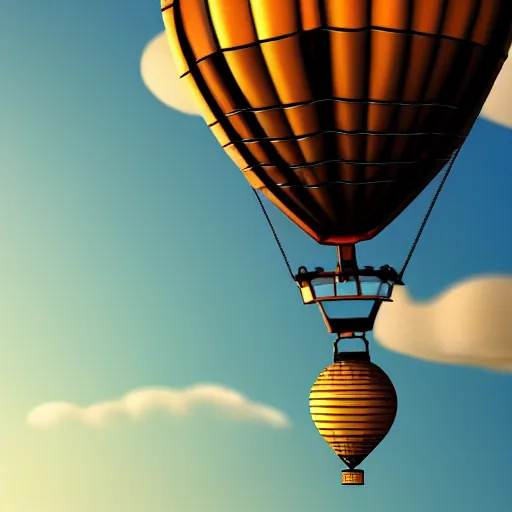 Image similar to steampunk hot air balloon, skimming on top of clouds, intricate, sunset, beautiful composition. 3 d render