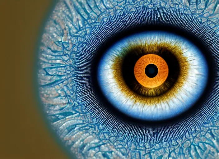 Image similar to macro photo of a eye with big blue fractal iris , detailed, photorealistic , macro photography