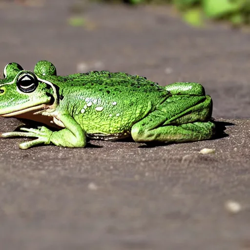 Prompt: low quality, blurred, distorted, grained big green frog