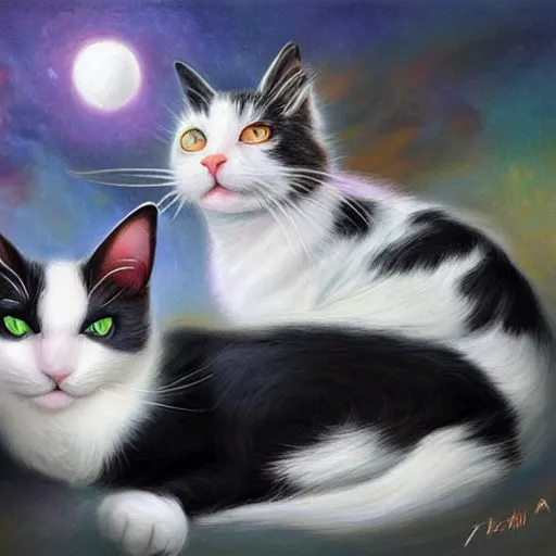 Prompt: a black and white cat and a tri-color calico cat sleeping peacefully together in cat heaven, puffy clouds, dreamy, painted by Tyler Edlin, very very very very crispy