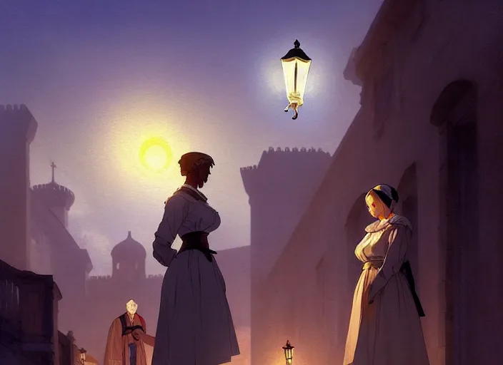 Image similar to 1 8 5 4 crimea, florence nightingale holding lamp, army hospital in scutari at night, wounded patients in beds on both sides of hospital ward, finely detailed perfect art, painted by greg rutkowski makoto shinkai takashi takeuchi studio ghibli