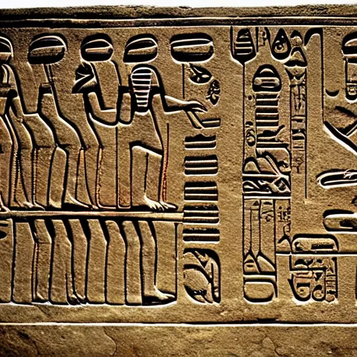 Prompt: egyptian hieroglyphics describing an alien invasion