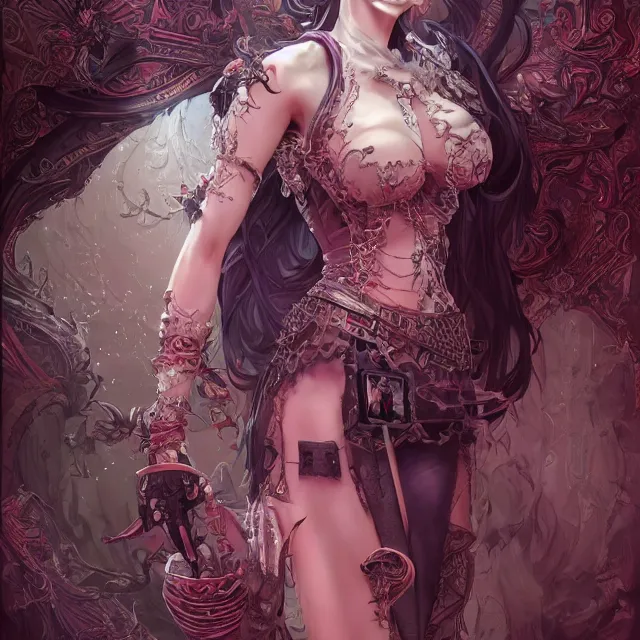 Image similar to the portrait of chaotic evil fallen sensual female necromancer overlord as absurdly beautiful, gorgeous, elegant young idol, an ultrafine hyperdetailed illustration by kim jung gi, irakli nadar, intricate linework, bright colors, octopath traveler, final fantasy, unreal engine 5 highly rendered, global illumination, radiant light, detailed and intricate environment