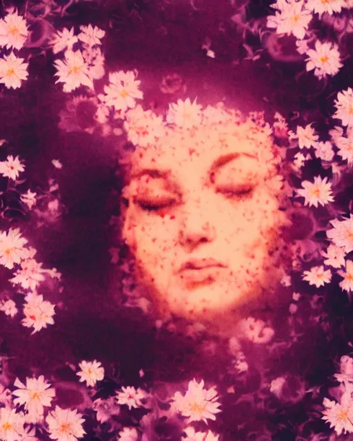 Prompt: oversaturated, burned, light leak, expired film, photo of a woman's serene face submerged in a flowery milkbath, rippling effect, light splotches, vintage glow