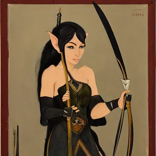 Image similar to portrait of a female black haired half - elves with two swords and pointy ears