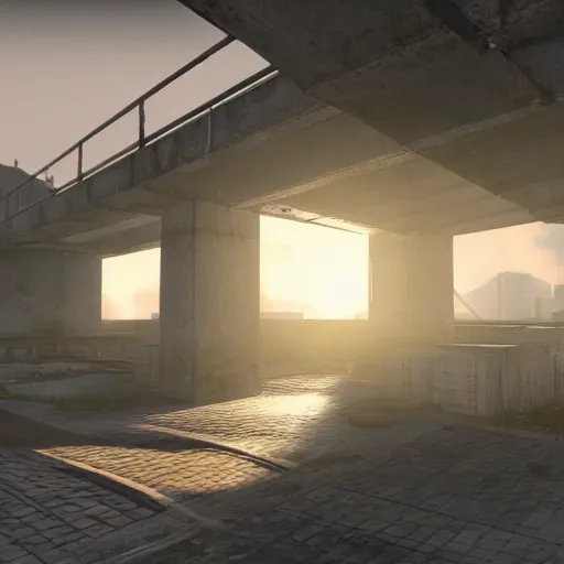 Image similar to a Half life level, from the 1998 PC game Half life in the Dead, brutalist architecture, stunning volumetric light, sunset, metal, concrete and translucent material, stunning skies, majestic landscape, trending on Artstation, 8k, photorealistic, hyper detailed, unreal engine 5, IMAX quality, cinematic, epic lighting, in the style of Moby Francke