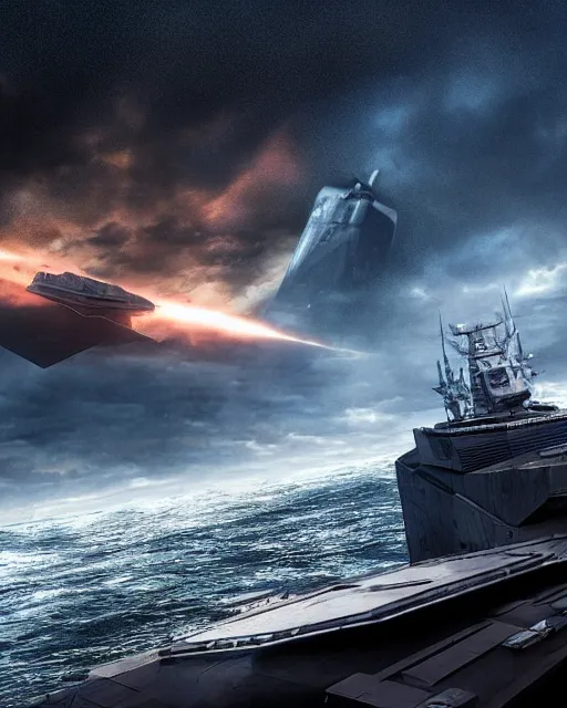 Image similar to scifi action scene of a fishing boat on stormy seas, a very large star destroyer spaceship flying overhead, the very large star destroyer spaceship is emerging from storm clouds, sunset lighting, stormy weather, dramatic lighting, unreal engine, hyper realism, realistic shading, cinematic composition, realistic render, octane render, detailed textures, photorealistic, ultrawide shot, 1 6 mm lens