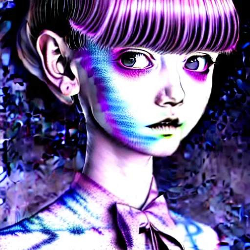 Prompt: amazingly detailed art illustration of a beautiful young morbid woman, wearing a tie-dye shirt, short shorts, with short hair with bangs, she is under the effect of psychosis and euphoria, by Range Murata, Katsuhiro Otomo, Yoshitaka Amano, and Artgerm. 3D shadowing effect, 8K resolution.