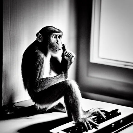 Prompt: a monkey writing a bestseller on a 8 0 s computer, smoking a cigarette. dark noir room. black and white. 1 9 2 0 aesthetic. old film grain. soft light from a table lamp. high detailed film look.