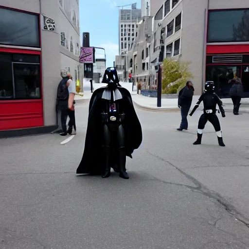 Prompt: darth vader waling on the streets of winnipeg