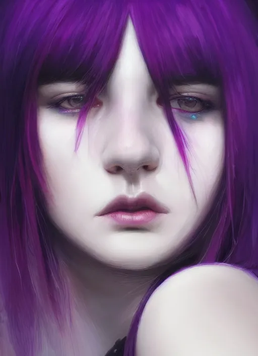 Prompt: portrait of teenage girl with white bangs, red irises, bangs, black and white hair, purple clothes, white bangs, two color hair, black hair and white bangs, intricate, elegant, glowing lights, highly detailed, digital painting, artstation, concept art, smooth, sharp focus, illustration, art by wlop, mars ravelo and greg rutkowski