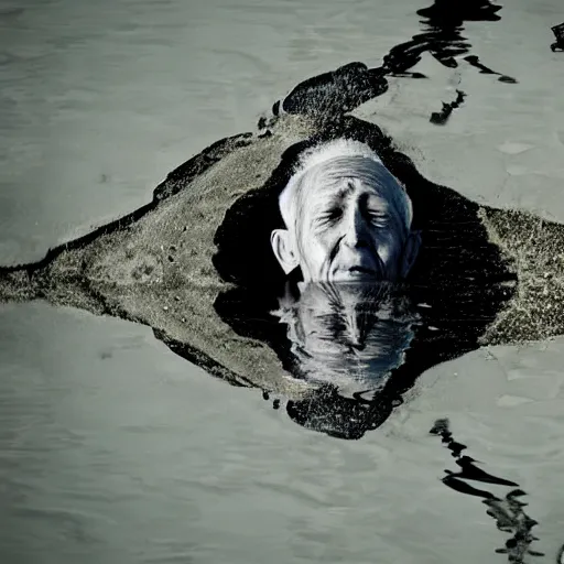 Image similar to top down photograph looking into a puddle, a shriveled old man is staring up from under the surface of the water