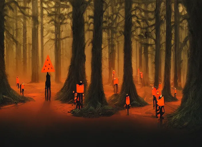 Image similar to a few orange safety cones in a beautiful strange forest a black fuzzy beast with long nose stands in the distance, cinematic painting by james jean, atomspheric lighting, moody lighting, dappled light, detailed, digital art, limited color palette, wes anderson, 2 4 mm lens, surreal