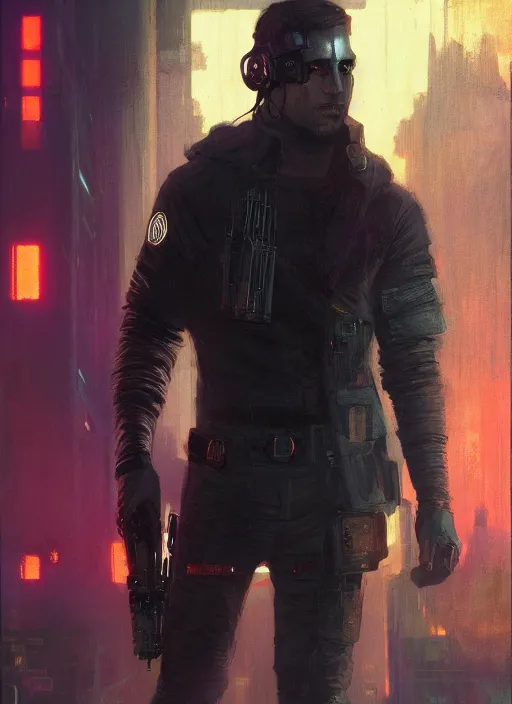 Prompt: Cohen O'Brian. Cyberpunk assassin in tactical gear. blade runner 2049 concept painting. Epic painting by Craig Mullins and Alphonso Mucha. ArtstationHQ. painting with Vivid color. (rb6s, Cyberpunk 2077, matrix)