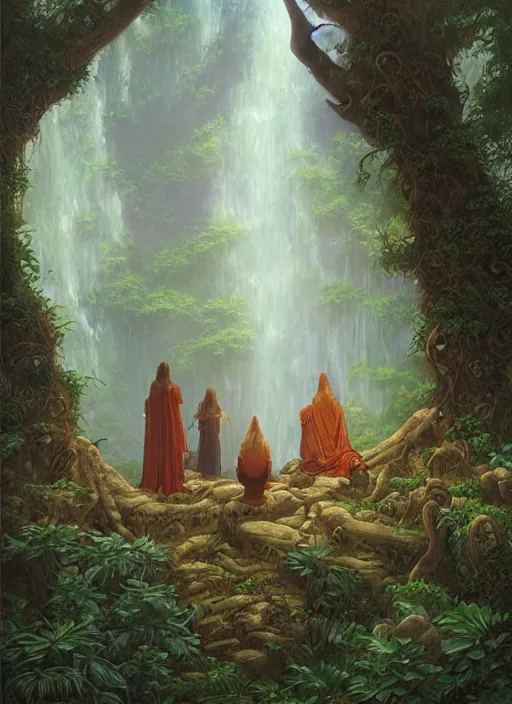 Image similar to ancestors protecting a shaman praying in the jungle, old faces in the clouds, art by christophe vacher