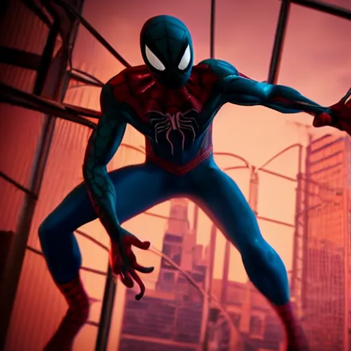 Image similar to a single venom and spider - man hybrid, dslr, cinematic, volumetric lighting