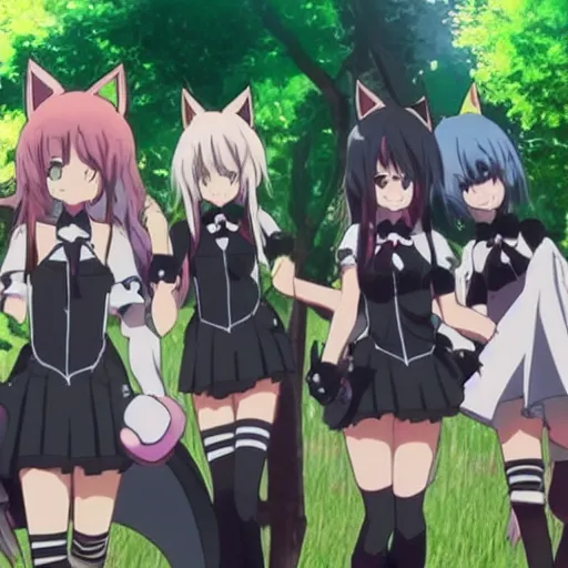 Image similar to “group of catgirls playing together, anime film still. Rise Of The Catgirls(2020)”