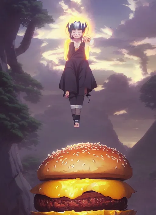 Image similar to highly detailed hamburger consuming naruto uzumaki with black hair, art by greg rutkowski, loish, rhads, ferdinand knab, makoto shinkai and lois van baarle, ilya kuvshinov, rossdraws, tom bagshaw, global illumination, radiant light, detailed and intricate environment