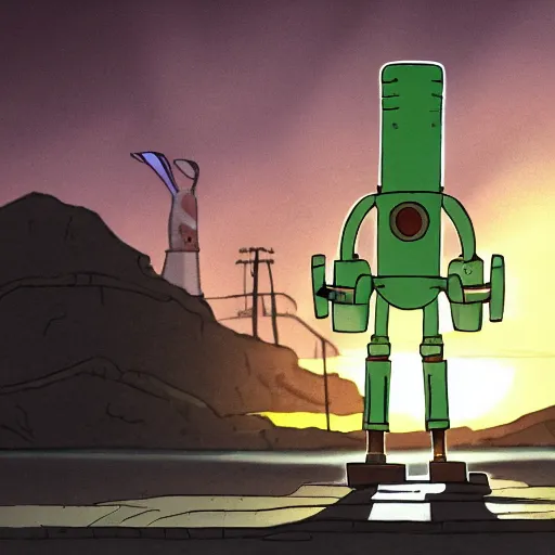 Image similar to Bender from futurama holding hands with a hydraulic press, walking into sunset, epic lighting, wasteland