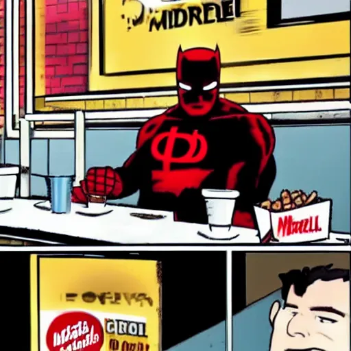 Image similar to daredevil eating in mcdonalds, marvel