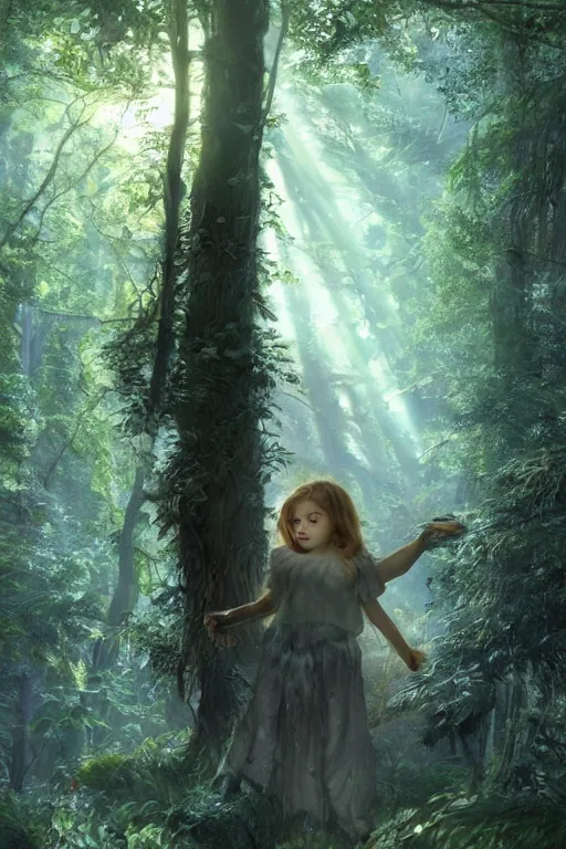 Image similar to mean fluffy teddybear protecting girl in a forest with rays of light coming through the canopy, masterpiece, dystopian, sci-fi, extremely detailed, digital painting, sculpted in zbrush, artstation, concept art, smooth, sharp focus, illustration, chiaroscuro lighting, golden ratio, incredible art, artgerm, greg rutkowski, alphonse mucha, simon stalenhag, carravaggio