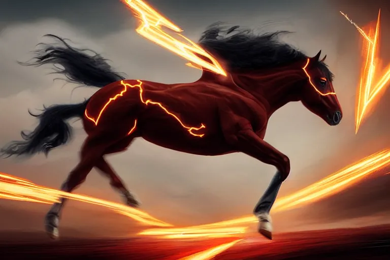 Image similar to a stunning digital painting of a horse as the flash in spandex costume, running in the speedforce by greg rutkowski, volumetric light, digital art, fine detail, photorealistic