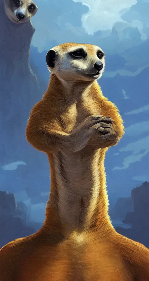 Image similar to putin with the head of a meerkat, pulp art, deep focus, turnaround, pulp art, fantasy, intricate, elegant, highly detailed, digital painting, artstation, concept art, matte, sharp focus, illustration, hearthstone, art by rhads and artgerm and greg rutkowski and alphonse mucha