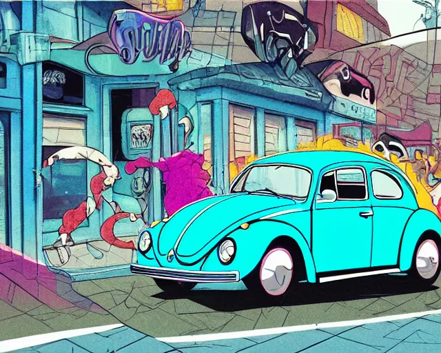 Prompt: a study of cell shaded cartoon of a Volkswagen Beetle infront of a store front, road, illustration, vivid colors, post grunge, concept art by josan gonzales and wlop, by james jean, Victo ngai, David Rubín, Mike Mignola, Laurie Greasley, highly detailed, sharp focus, alien, Trending on Artstation, HQ, deviantart, art by artgem