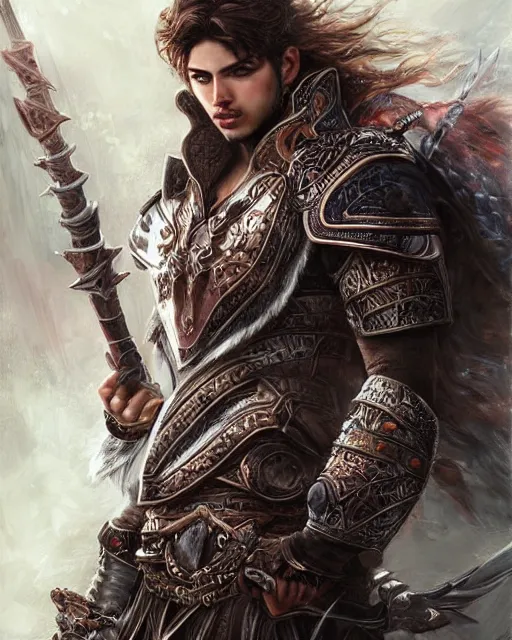 Image similar to a beautiful male warrior, 8 k, hyperrealistic, hyperdetailed, fantasy portrait by laura sava