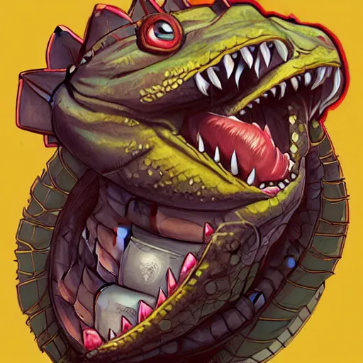 Prompt: in the style of artgerm, loish and ross tran, cartoon anthropomorphic alligator, symmetrical face, symmetrical eyes, red scales on his back, yellow scale on his belly and chest, male, waring a hawaiian shirt, cgsociety