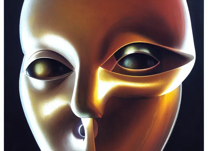 Image similar to asymmetrical portrait headshot of sci fi metallic human, bright eyes, melancholic complex geometric figure liminal biomechanical by oskar schlemmer, moebius, john berkey, film grain, oil on canvas, portrait facial head, featured on artstation, hd wallpaper, 8 k, bright colors, global radiant light