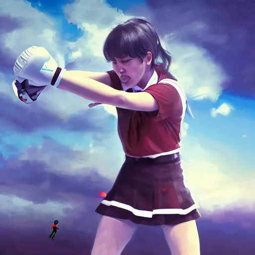 Prompt: a realistic action shot of a school girl punching a robot in the face, digital painting, trending on artstation, art, 8 k
