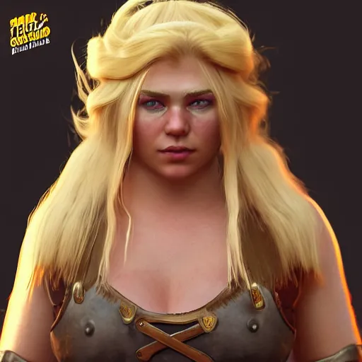 Image similar to a handsome corpulent viking girl with blond hair, clash royal style characters, unreal engine 5, octane render, detailed, cinematografic, cinema 4 d