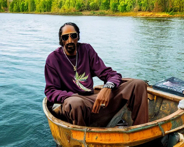 Image similar to photograph of Snoop Dogg sitting in a fishing boat on a river and holding a huge cannabis plant, highly detailed, 4k, hd