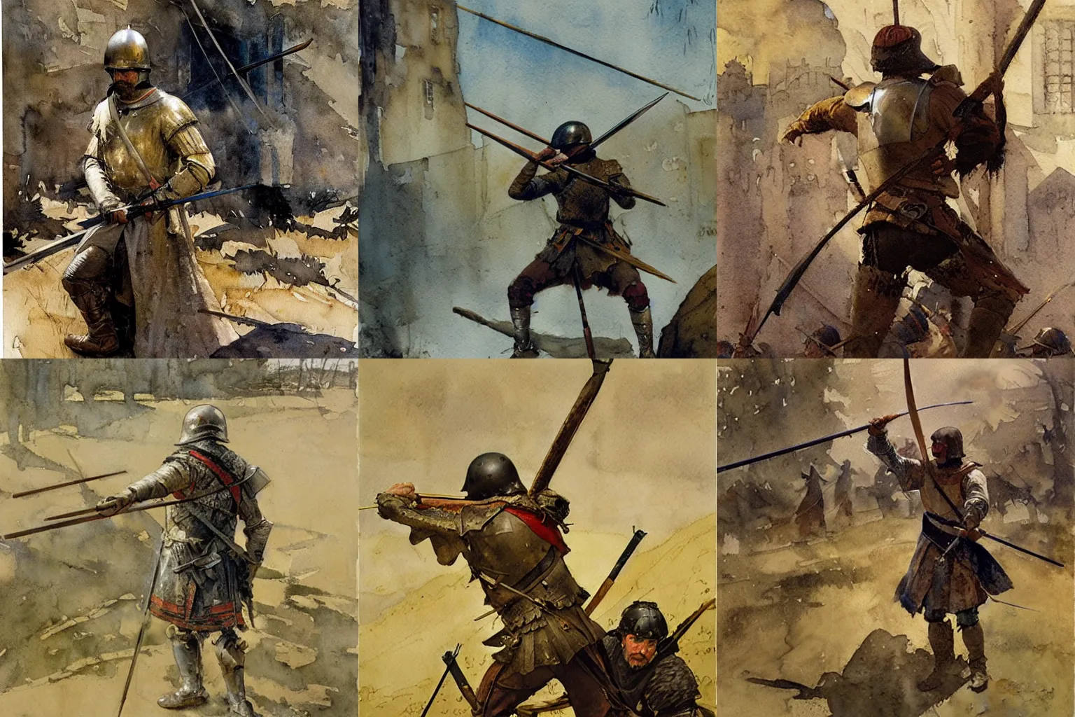 Prompt: medieval soldier aiming bow, richard schmid, jeffery catherine jones, ruan jia, greg manchess, ridley scott, lost edges, n. c. wyeth, watercolor