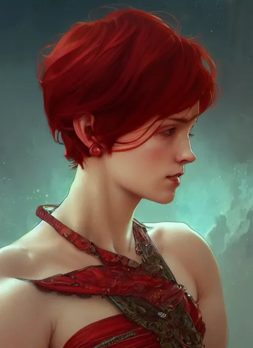 Prompt: Red short hair Portrait of woman, fantasy, intricate, elegant, highly detailed, digital painting, artstation, concept art, smooth, sharp focus, illustration, art by artgerm and greg rutkowski and alphonse mucha