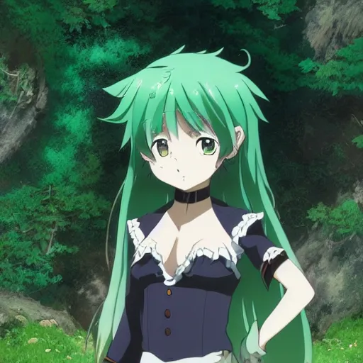 Image similar to anime key visual of a girl with a green outfit green hair and green eyes fascinated by a green paradise ; official media ; 4 k hd ; high quality ; in the rising of the shield hero ( 2 0 1 9 ),